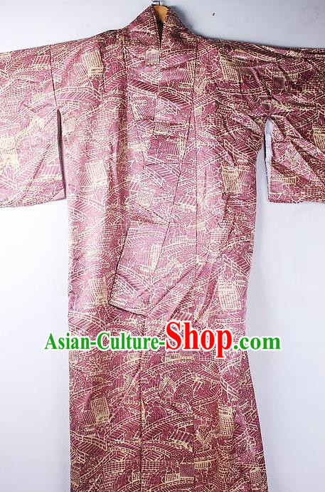 Asian Japanese National Iromuji Printing Wine Red Furisode Kimono Ceremony Costume Traditional Japan Yukata Dress for Women