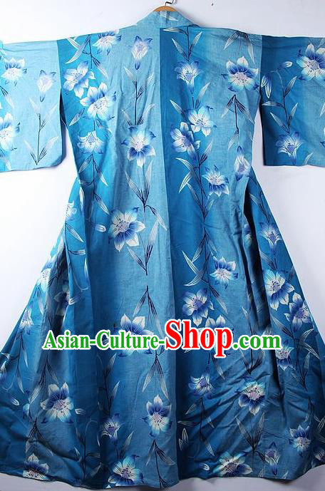 Asian Japanese Classical Lily Flowers Pattern Blue Yukata Traditional Japan Kimono Costume for Men