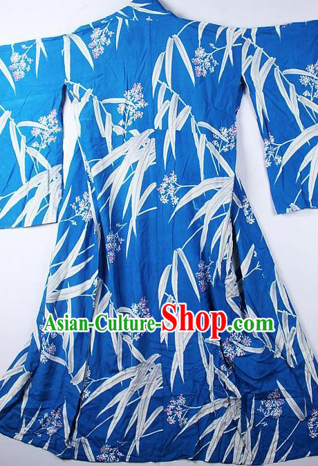 Asian Japanese Classical Bamboo Leaf Pattern Blue Furisode Kimono Ceremony Costume Traditional Japan Yukata Dress for Women