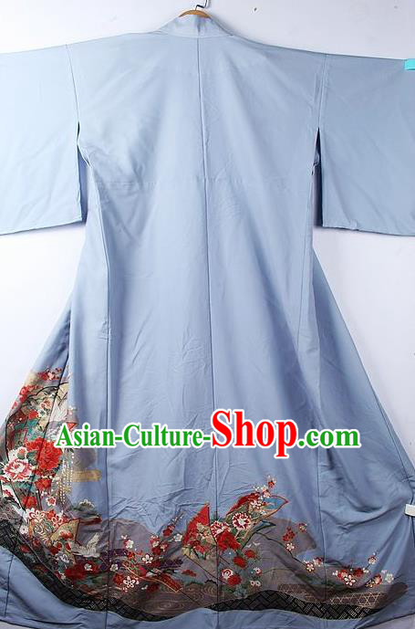 Asian Japanese Classical Sakura Peony Pattern Blue Yukata Traditional Japan Kimono Costume for Men