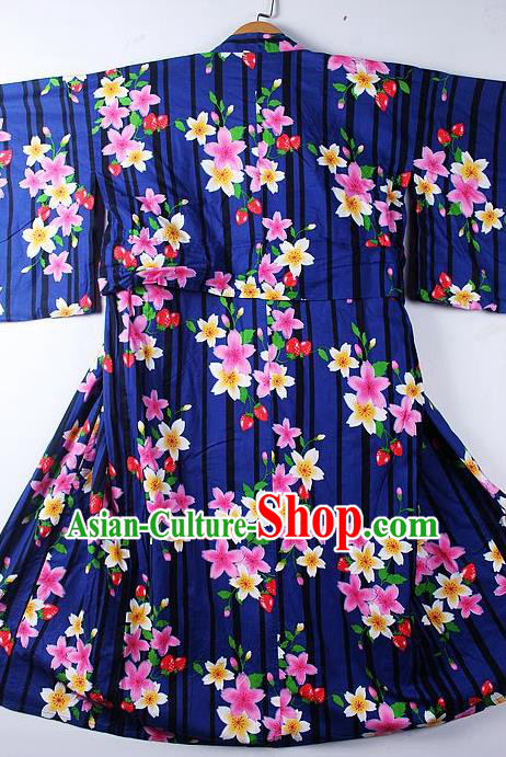 Asian Japanese Classical Sakura Pattern Deep Blue Furisode Kimono Ceremony Costume Traditional Japan Yukata Dress for Women