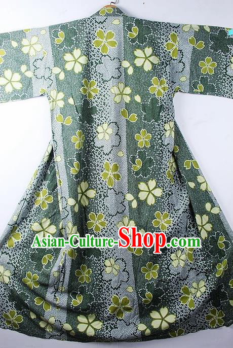 Asian Japanese Classical Sakura Pattern Olive Green Furisode Kimono Ceremony Costume Traditional Japan Yukata Dress for Women