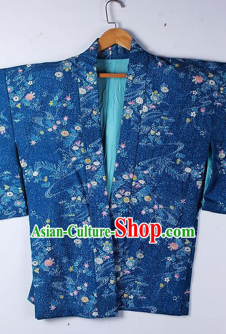 Asian Japanese Clothing Classical Pattern Blue Haori Coat Kimono Traditional Japan National Costume for Men