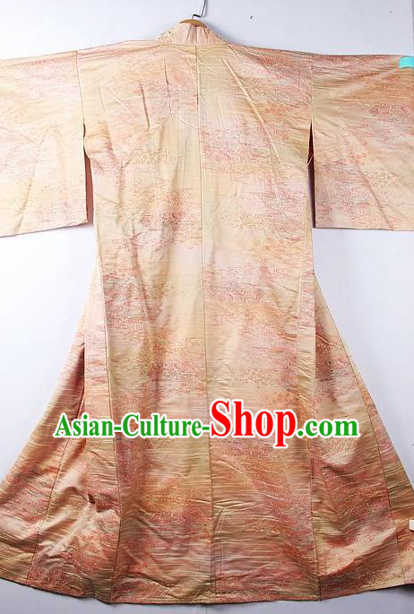 Asian Japanese Classical Sakura Pattern Champagne Furisode Kimono Ceremony Costume Traditional Japan Yukata Dress for Women