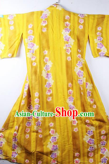 Asian Japanese Classical Sakura Pattern Yellow Furisode Kimono Ceremony Costume Traditional Japan Yukata Dress for Women