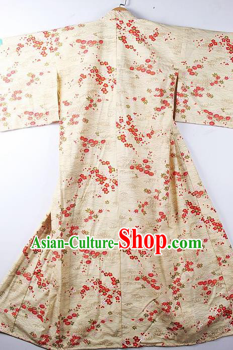 Asian Japanese Classical Sakura Pattern Yellow Furisode Kimono Ceremony Costume Traditional Japan Yukata Dress for Women