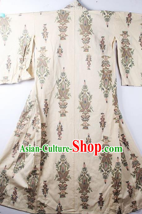 Asian Japanese Classical Pattern Beige Yukata Robe Traditional Japan Kimono Costume for Men