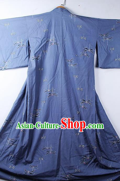 Asian Japanese Classical Dragonfly Pattern Blue Yukata Robe Traditional Japan Kimono Costume for Men