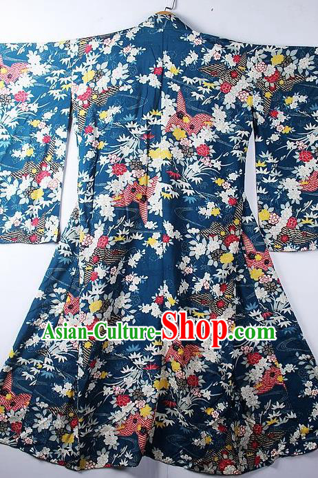 Asian Japanese Classical Sakura Pattern Peacock Blue Furisode Kimono Ceremony Costume Traditional Japan Yukata Dress for Women