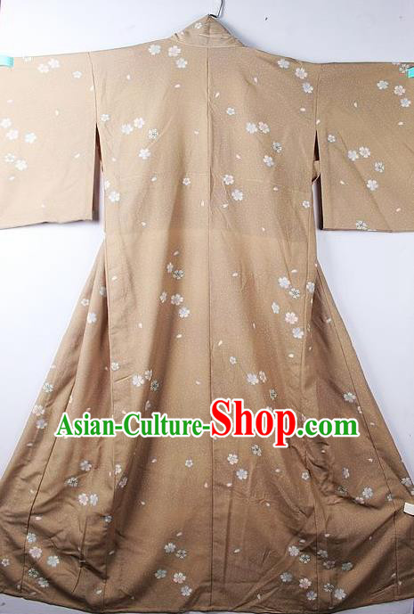 Asian Japanese Classical Sakura Pattern Khaki Furisode Kimono Ceremony Costume Traditional Japan Yukata Dress for Women