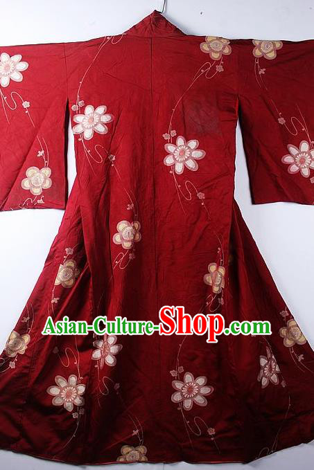 Asian Japanese Classical Sunflowers Pattern Red Furisode Kimono Ceremony Costume Traditional Japan Yukata Dress for Women