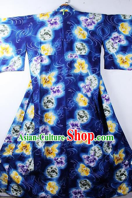 Asian Japanese Classical Flowers Pattern Royalblue Furisode Kimono Ceremony Costume Traditional Japan Yukata Dress for Women