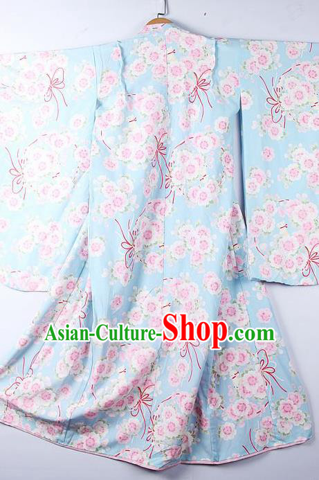 Asian Japanese Classical Sakura Pattern Light Blue Furisode Kimono Ceremony Costume Traditional Japan Yukata Dress for Women