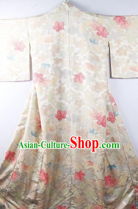 Asian Japanese National Iromuji Printing Maple Leaf Beige Furisode Kimono Ceremony Costume Traditional Japan Yukata Dress for Women