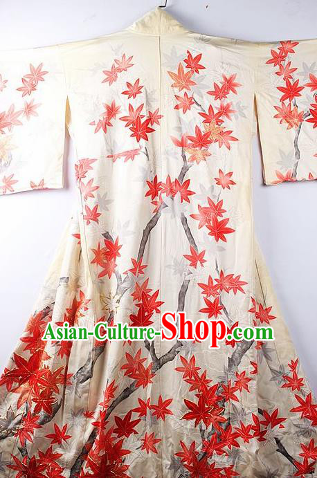 Asian Japanese National Iromuji Printing Red Maple Leaf Furisode Kimono Ceremony Costume Traditional Japan Yukata Dress for Women