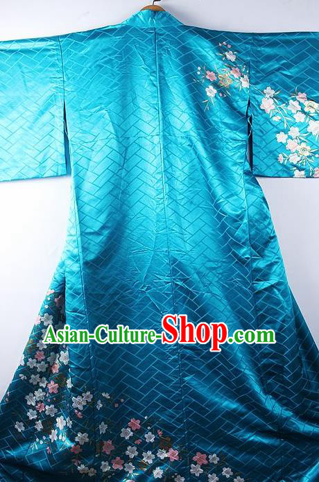 Asian Japanese Clothing Classical Sakura Pattern Blue Kimono Traditional Japan National Yukata Costume for Men