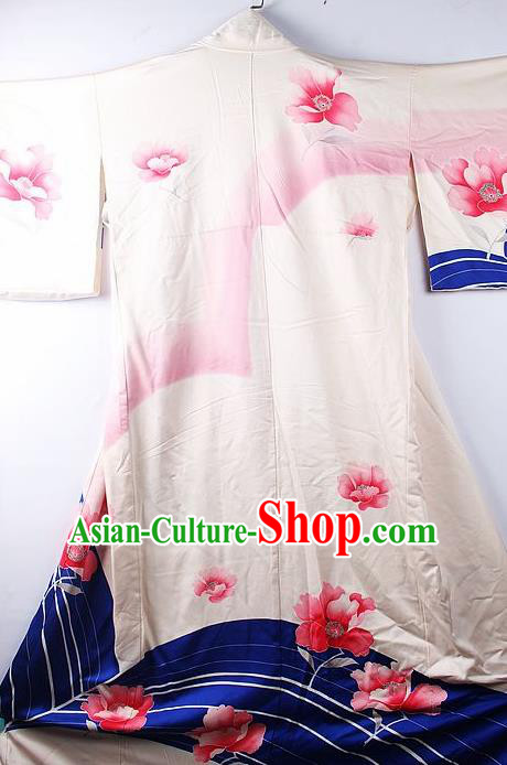 Asian Japanese National Iromuji Printing Peony White Furisode Kimono Ceremony Costume Traditional Japan Yukata Dress for Women