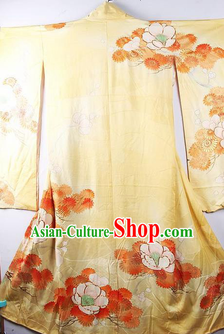 Asian Japanese Printing Camellia Yellow Iromuji Furisode Kimono Ceremony Costume Traditional Japan Yukata Dress for Women