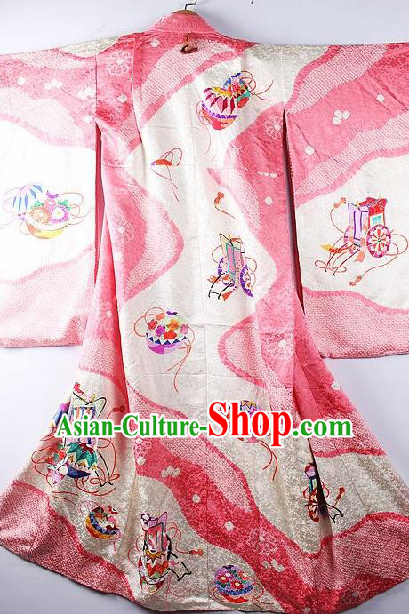 Asian Japanese Printing Pink Iromuji Furisode Kimono Ceremony Costume Traditional Japan Yukata Dress for Women