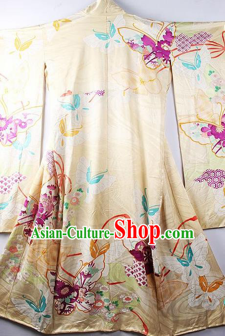 Asian Japanese Printing Butterfly Yellow Iromuji Furisode Kimono Ceremony Costume Traditional Japan Yukata Dress for Women