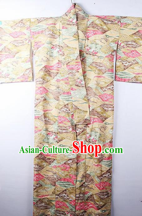 Asian Japanese Palace Classical Sakura Pattern Yellow Furisode Kimono Ceremony Costume Traditional Japan Yukata Dress for Women