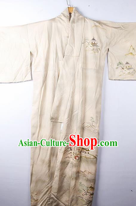 Asian Japanese Palace Classical Pattern Beige Furisode Kimono Ceremony Costume Traditional Japan Yukata Dress for Women