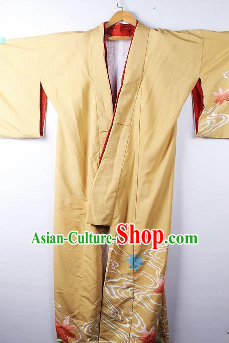 Asian Japanese Palace Classical Maple Leaf Pattern Yellow Furisode Kimono Ceremony Costume Traditional Japan Yukata Dress for Women