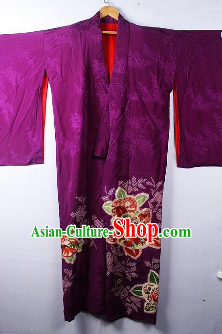 Asian Japanese Palace Classical Peony Pattern Purple Furisode Kimono Ceremony Costume Traditional Japan Yukata Dress for Women