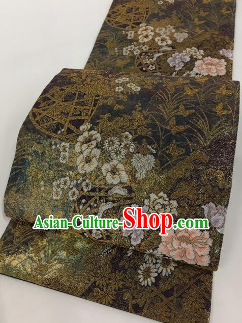 Japanese Traditional Classical Peony Pattern Brown Waistband Kimono Brocade Accessories Asian Japan Yukata Belt for Women