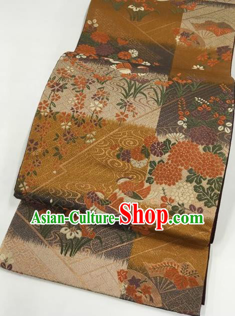 Japanese Traditional Classical Mandarin Duck Chrysanthemum Pattern Golden Waistband Kimono Brocade Accessories Asian Japan Yukata Belt for Women