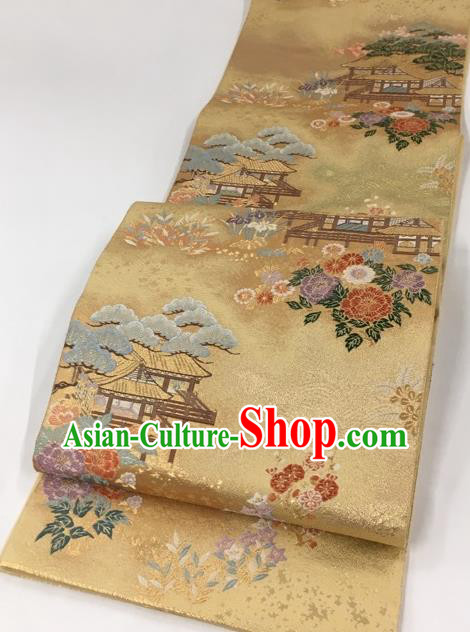 Japanese Traditional Classical Peony Pine Pattern Golden Waistband Kimono Brocade Accessories Asian Japan Yukata Belt for Women