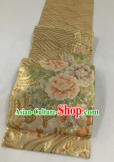 Japanese Traditional Classical Peony Pattern Golden Waistband Kimono Brocade Accessories Asian Japan Yukata Belt for Women