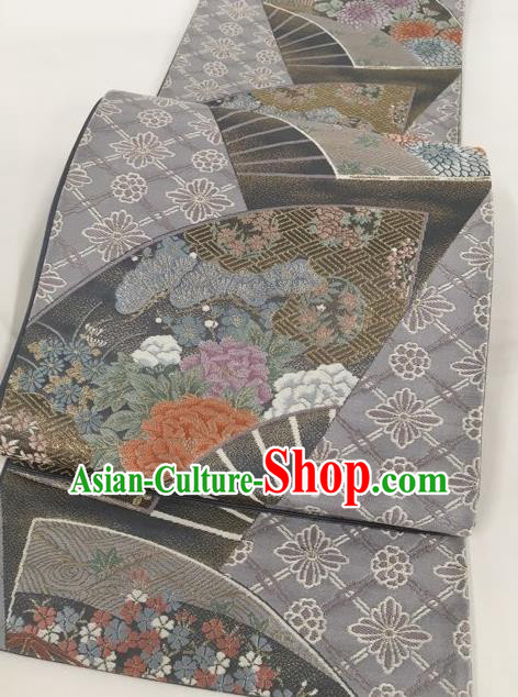 Japanese Traditional Classical Peony Pattern Grey Waistband Kimono Brocade Accessories Asian Japan Yukata Belt for Women