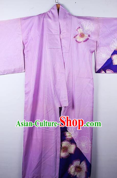 Asian Japanese Palace Phalaenopsis Pattern Purple Furisode Kimono Traditional Japan Yukata Dress for Women