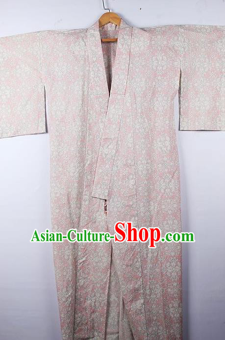 Asian Japanese Palace Pattern Light Pink Furisode Kimono Traditional Japan Yukata Dress for Women