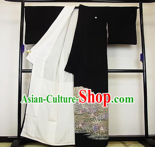 Asian Japanese Samurai Classical Pine Crane Pattern Black Yukata Robe Traditional Japan Kimono Costume for Men