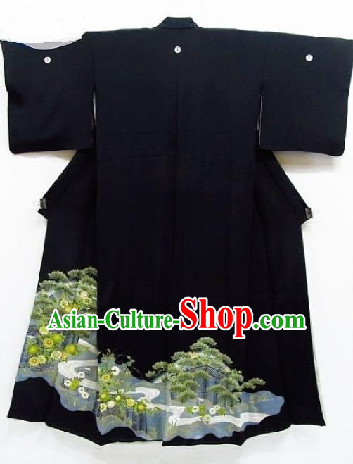 Asian Japanese Samurai Classical Pine Cornflower Pattern Black Yukata Robe Traditional Japan Kimono Costume for Men