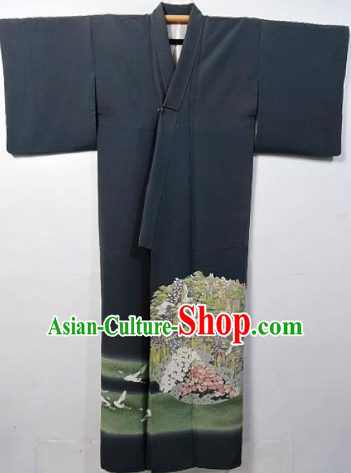 Asian Japanese Samurai Classical Hydrangea Crane Pattern Grey Yukata Robe Traditional Japan Kimono Costume for Men