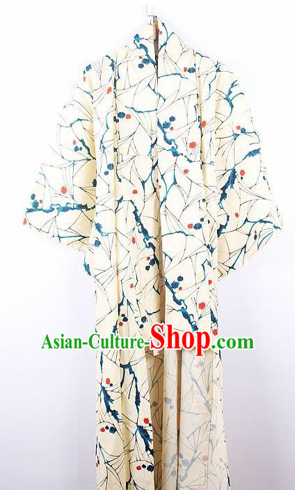 Asian Japanese Ceremony Palace Printing Beige Kimono Traditional Japan Yukata Dress for Women