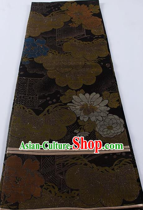 Japanese Classical Chrysanthemum Pattern Black Brocade Waistband Kimono Accessories Asian Traditional Yukata Belt for Women