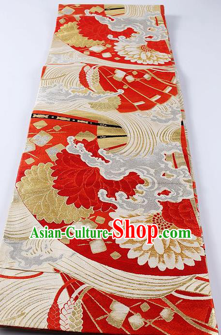 Japanese Classical Chrysanthemum Pattern Red Waistband Kimono Accessories Asian Traditional Yukata Brocade Belt for Women
