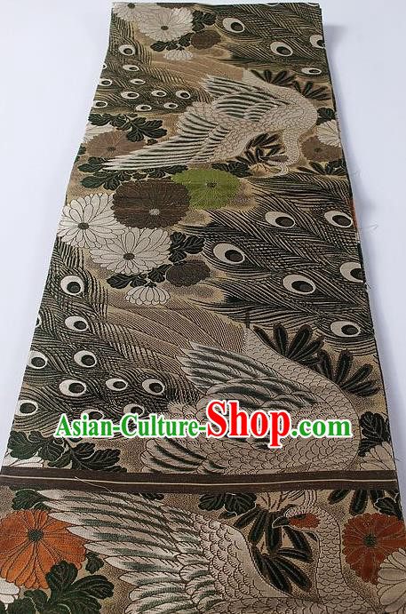 Japanese Classical Peacock Pattern Khaki Waistband Kimono Accessories Asian Traditional Yukata Brocade Belt for Women