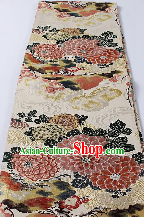 Japanese Classical Chrysanthemum Pattern Beige Waistband Kimono Accessories Asian Traditional Yukata Brocade Belt for Women