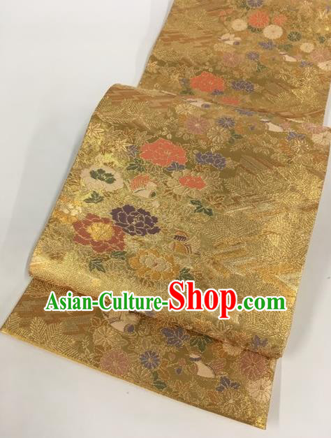 Japanese Traditional Classical Peony Pattern Golden Waistband Kimono Brocade Accessories Asian Japan Yukata Belt for Women