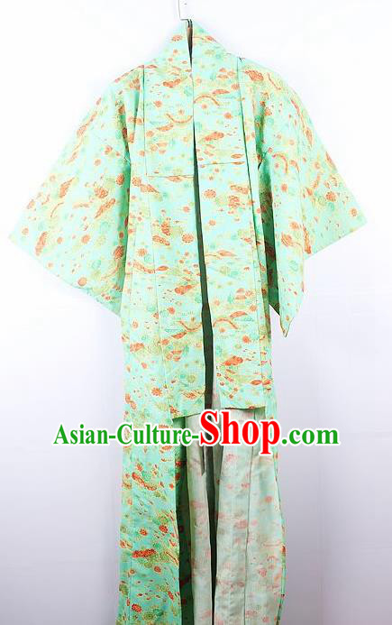 Asian Japanese Ceremony Printing Daisy Green Kimono Dress Traditional Japan Yukata Costume for Women