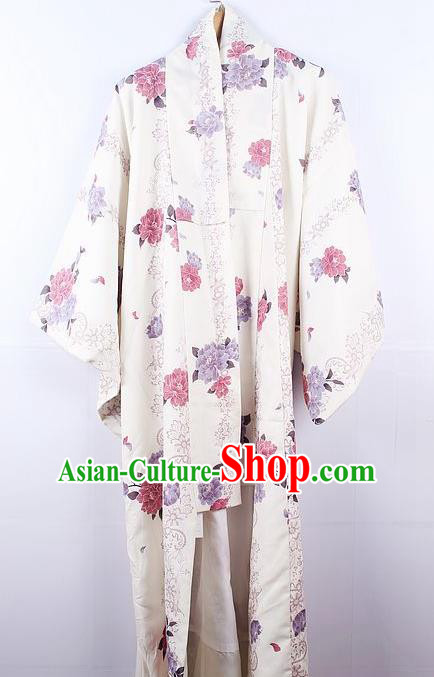 Asian Japanese Ceremony Printing Camellia White Kimono Dress Traditional Japan Yukata Costume for Women