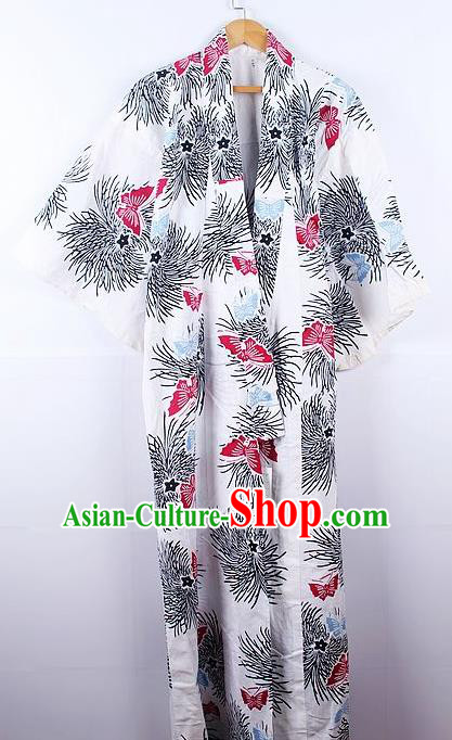 Asian Japanese Ceremony Printing Butterfly Chrysanthemum White Kimono Dress Traditional Japan Yukata Costume for Women