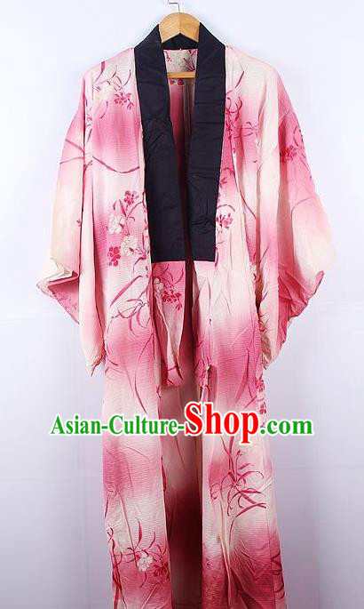 Asian Japanese Ceremony Printing Orchid Rosy Kimono Dress Traditional Japan Yukata Costume for Women