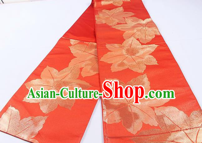 Japanese Traditional Classical Maple Leaf Pattern Red Waistband Kimono Brocade Accessories Asian Japan Yukata Belt for Women