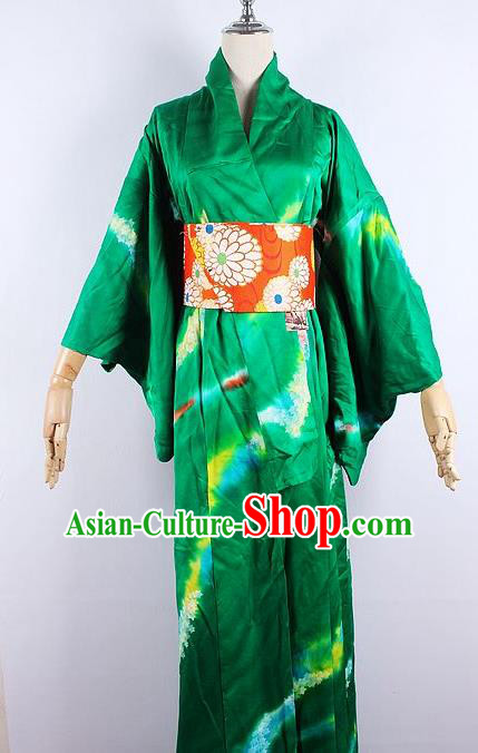 Asian Japanese Ceremony Printing Cherry Blossom Green Kimono Dress Traditional Japan Yukata Costume for Women